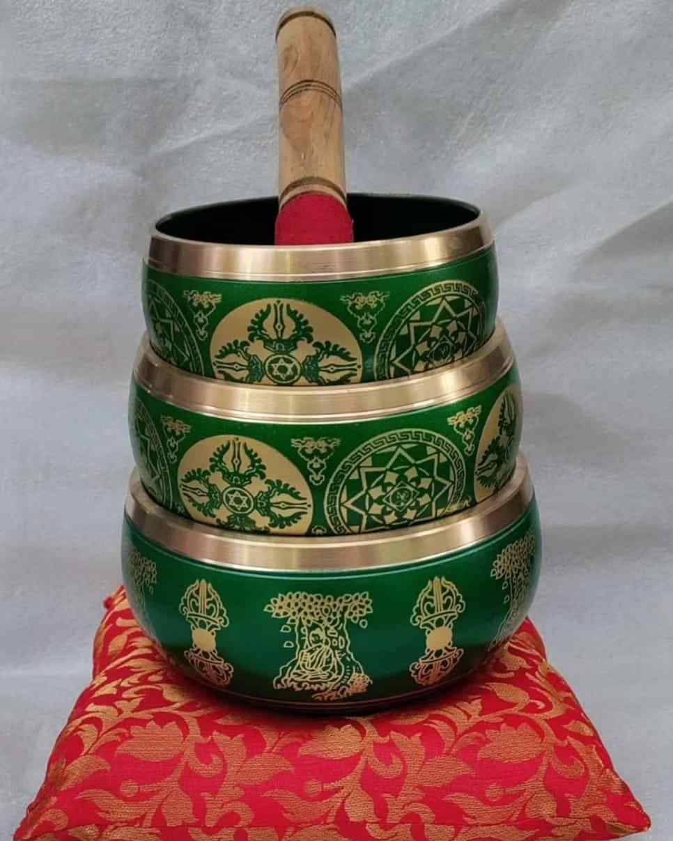 Image of Green Brass Round Singing Bowl - For Meditation & Yoga