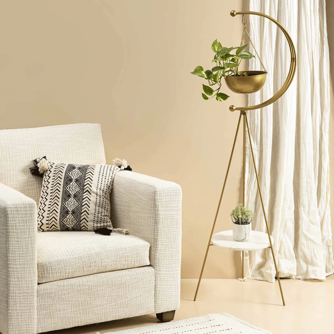 Image of Gold & White Natural Marble 2-Vase Stand with Hanging Planter