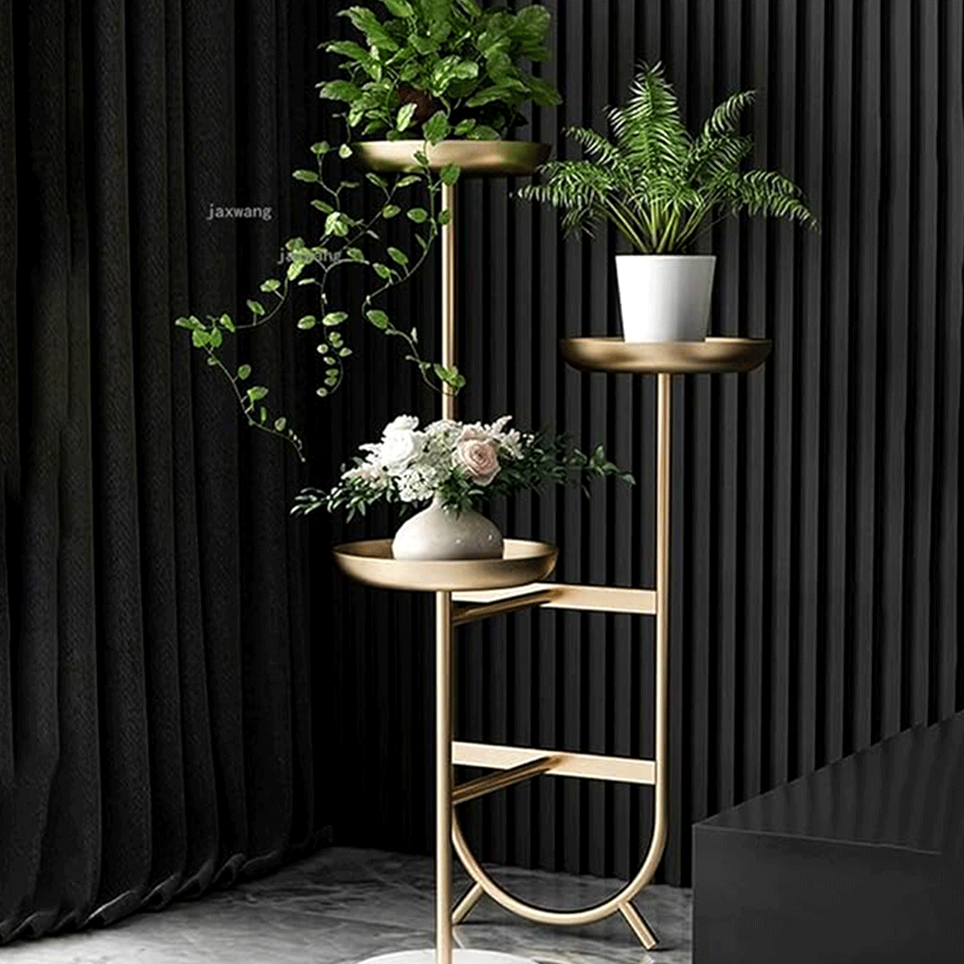 Image of 3-Tier Metal & Natural Marble Vase Stand - Luxury Indoor Plant Stand