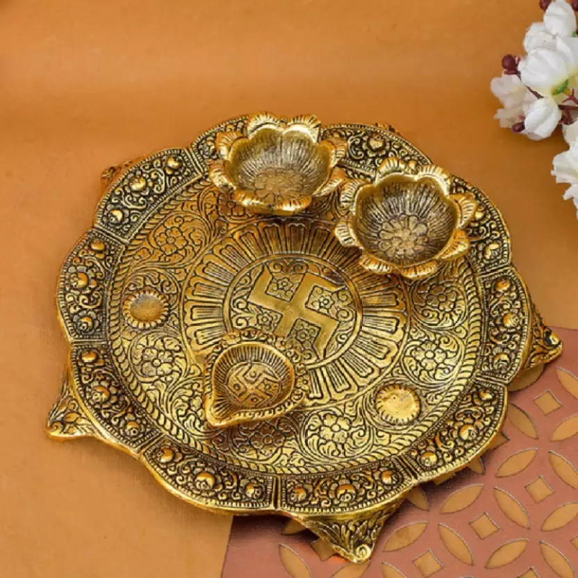 Image of Great Art Metal Pooja Thali with Diya – Decorative Showpiece