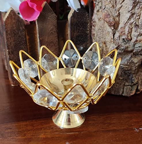Image of Brass Bowl Crystal Diya - Round Kamal Deep Oil Lamp for Pooja