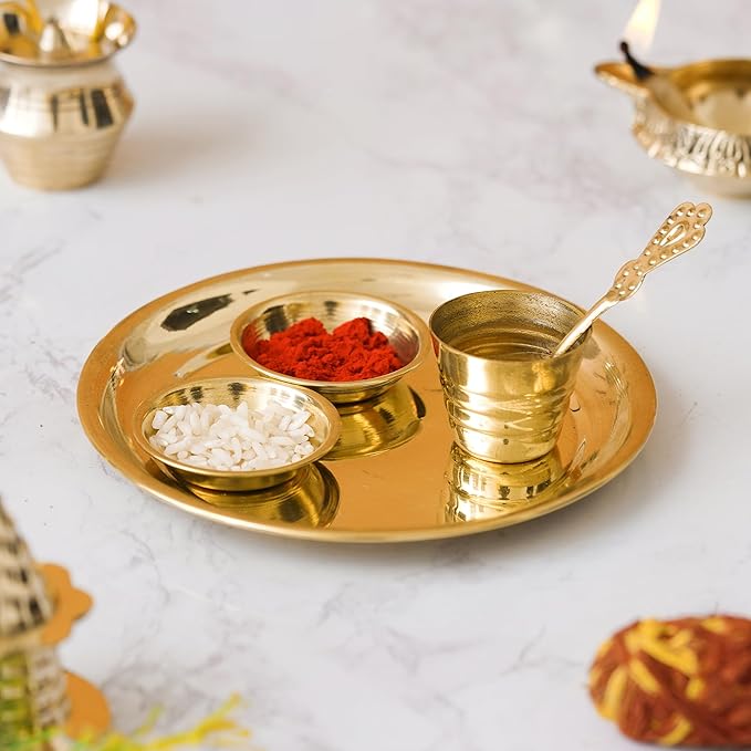 Image of Brass Pooja Thali Set with Bowls, Spoon & Glass