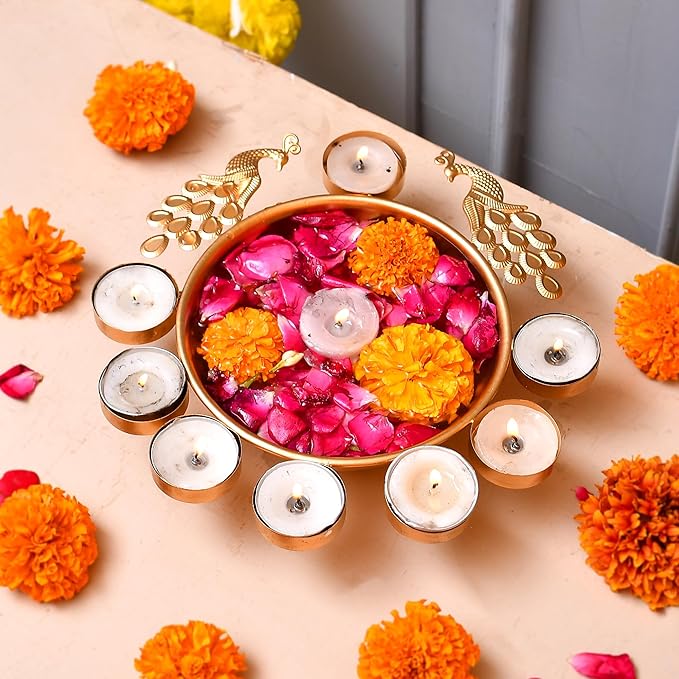Image of Golden Metal Peacock Urli Bowl – Decorative Diwali Floating Flower & Candle Holder