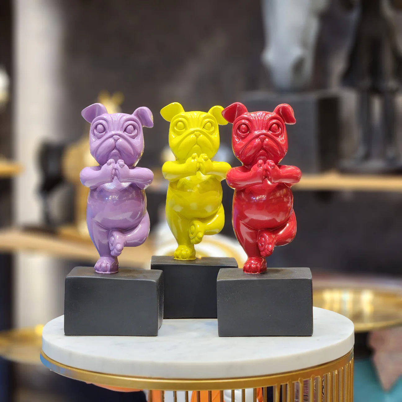 Image of Pug Dog Yogi – Yellow, Red & Purple – Whimsical Home Décor Sculpture