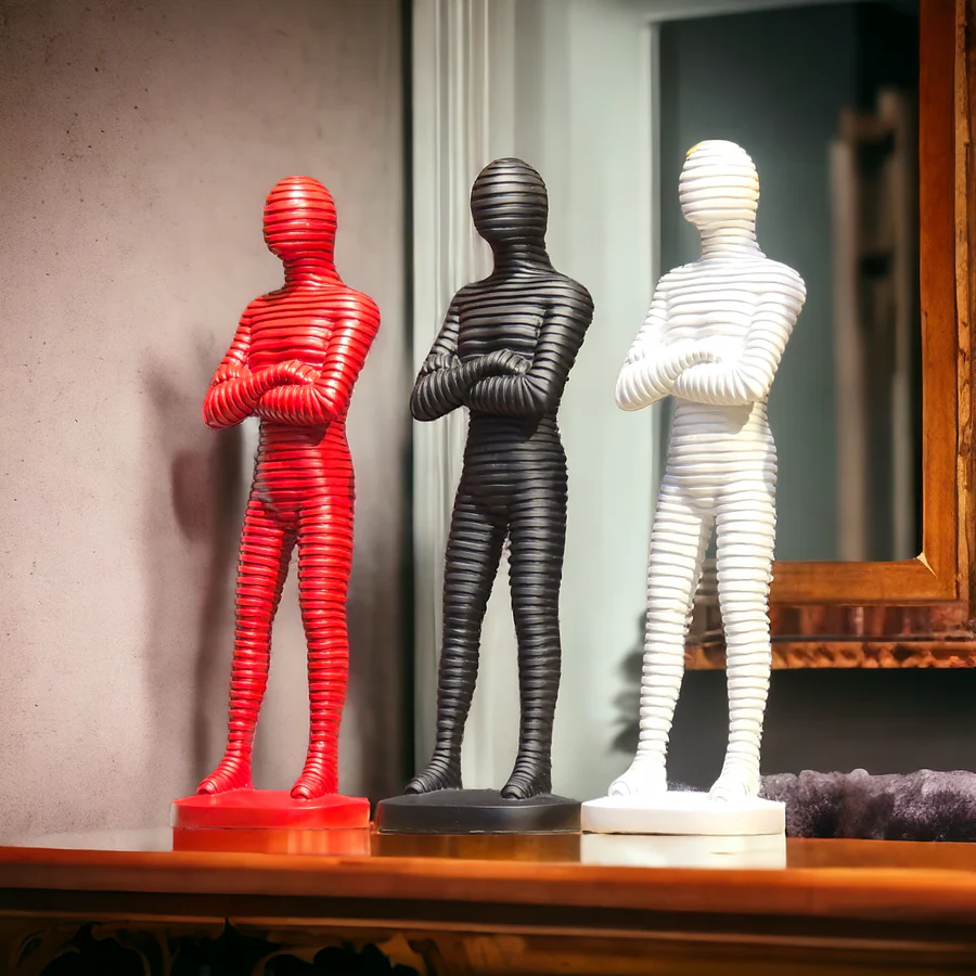 Image of Spiral Standing Man Artifact – Red, White, Black & Gold Decorative Sculpture