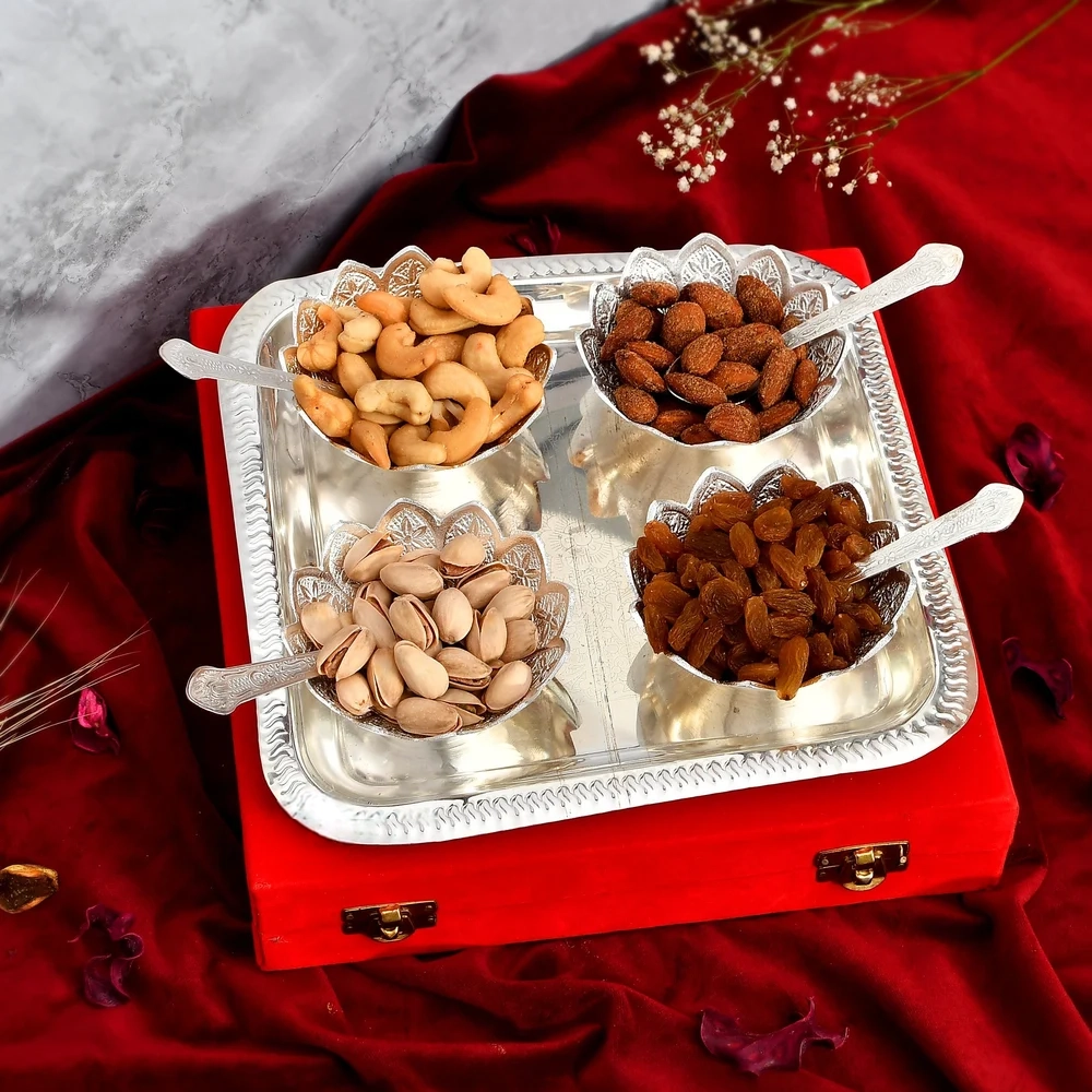 Image of Silver Bowl Set with Tray & Spoon – Luxury Velvet Box