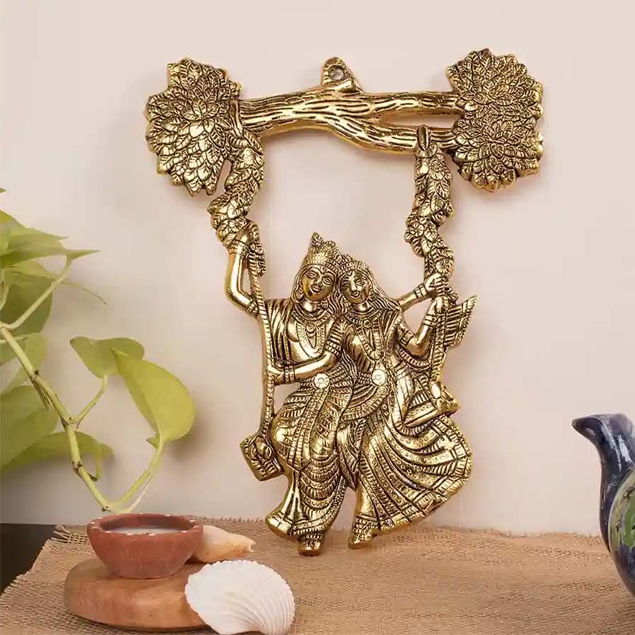 Image of Radha Krishna Sitting on Jhula Wall Hanging - Antique Metal Wall Décor for Home, Office & Pooja Room