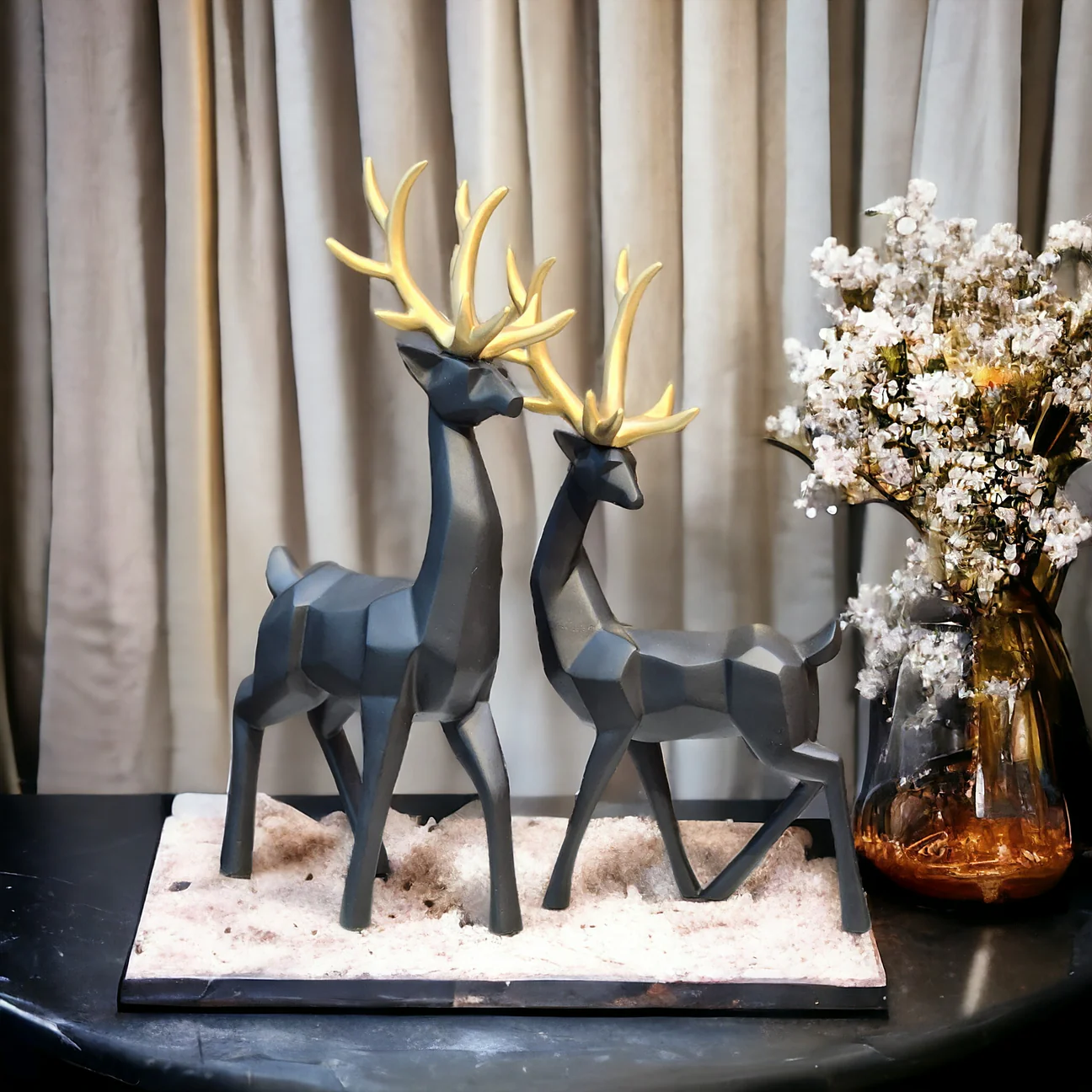 Image of Deer Golden Horn Artifact – Black & White – Elegant Home Décor Sculpture