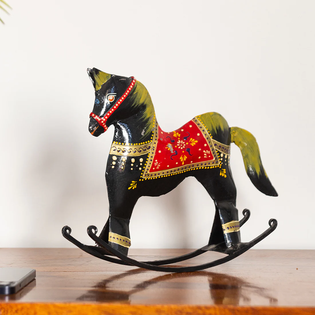 Image of Black & Red Hand-Crafted Swing Horse Showpiece - Metal Figurine