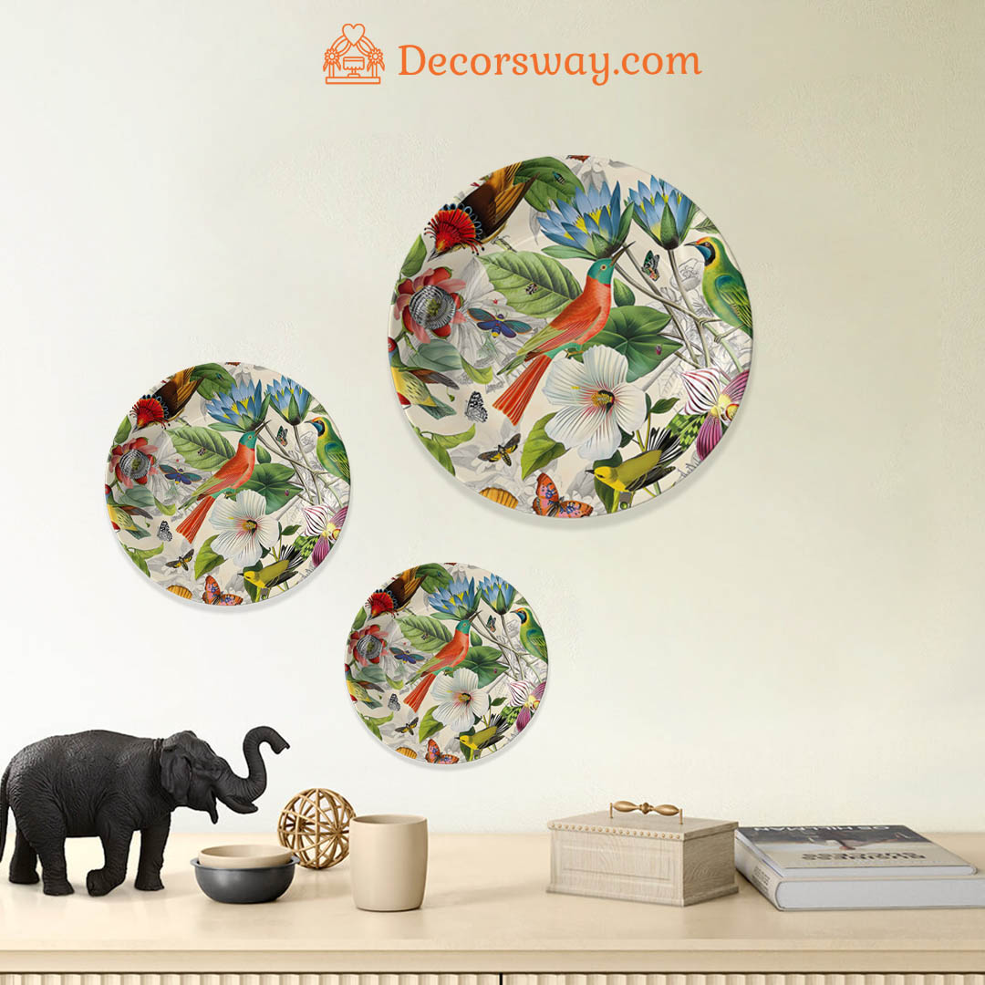 Image of Ceramic Wall Plate – Multicolored Birds and Flowers Design
