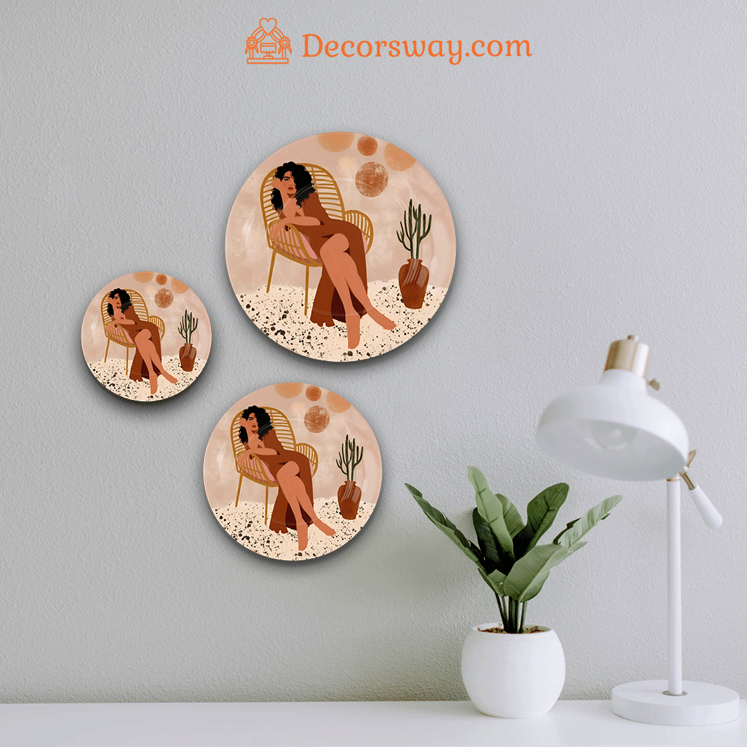 Image of Ceramic Women on Chair Wall Plate – Handcrafted, Orange (7"/8"/10")