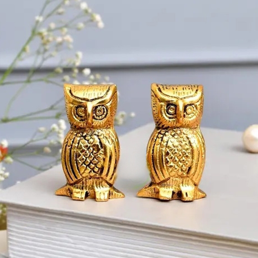 Image of Metal Owl Couple Miniature Statue - Gold Owl Sculpture for Home & Office Decor