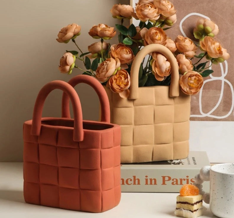 Image of Floral Bag Artifact – Beige & Rust Decorative Accent