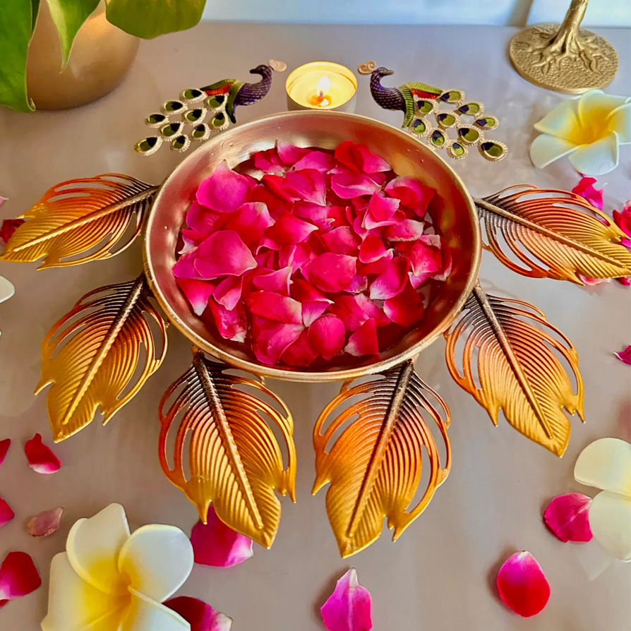 Image of Metal Green Peacock Leaf Urli – Handcrafted Decorative Bowl for Diwali & Home Décor