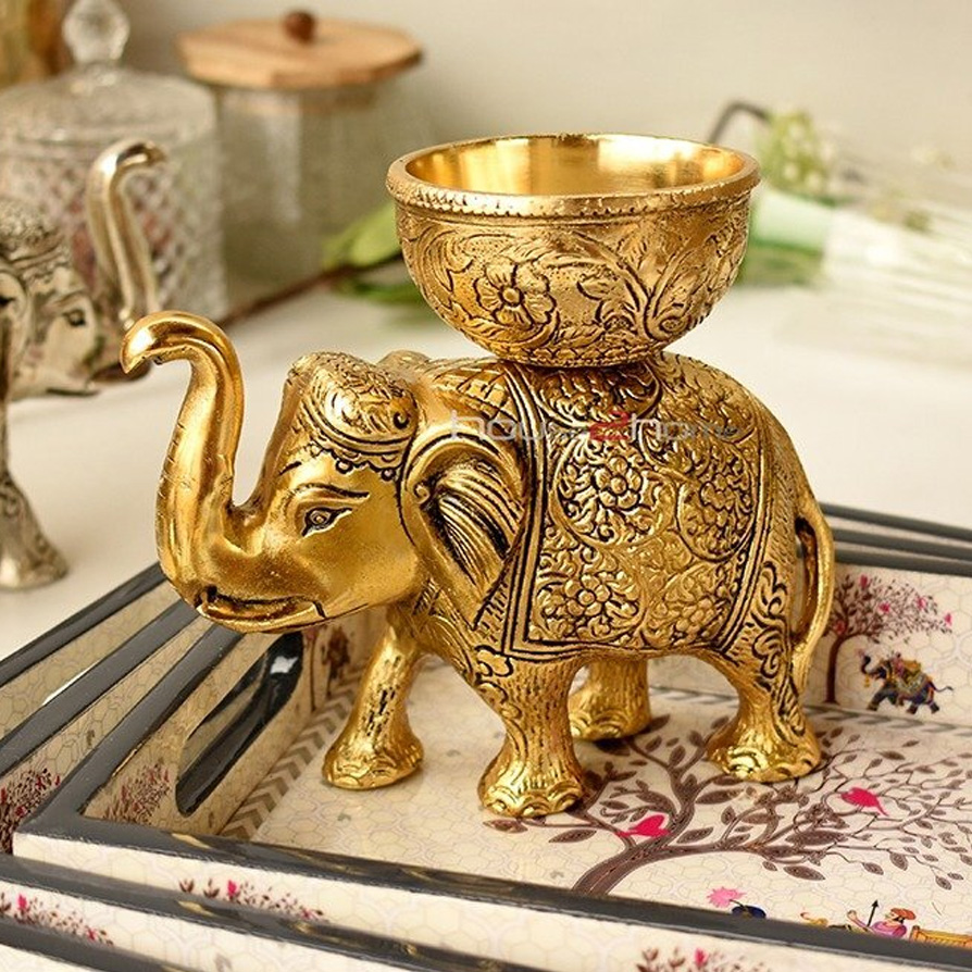 Image of Metal Elephant Top Dry Fruit Bowl – Antique Gold Finish