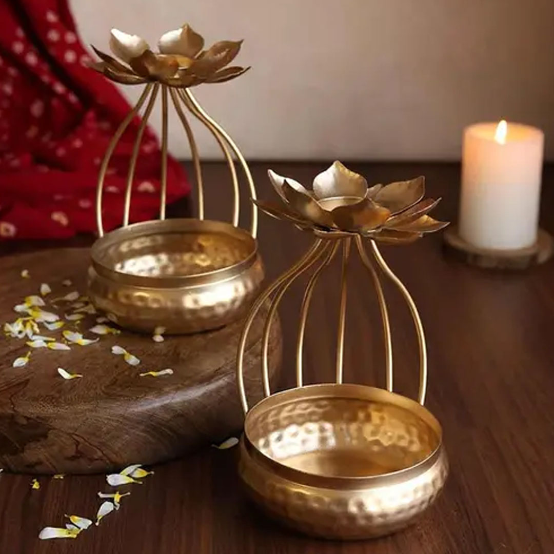 Image of Metal Lotus Candle Holder with Urli Bowl Base – Elegant Diwali Gift & Home Décor